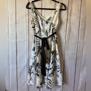 S.L. Fashions White and Black Lace-Overlay Midi Dress with Black Tie